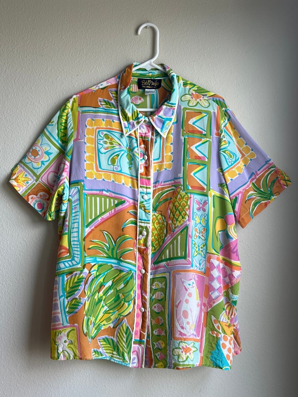 Vintage 90s Bob Mackie Wearable Art 100% Silk Tropical Cat Tunic Plus Size 1X
